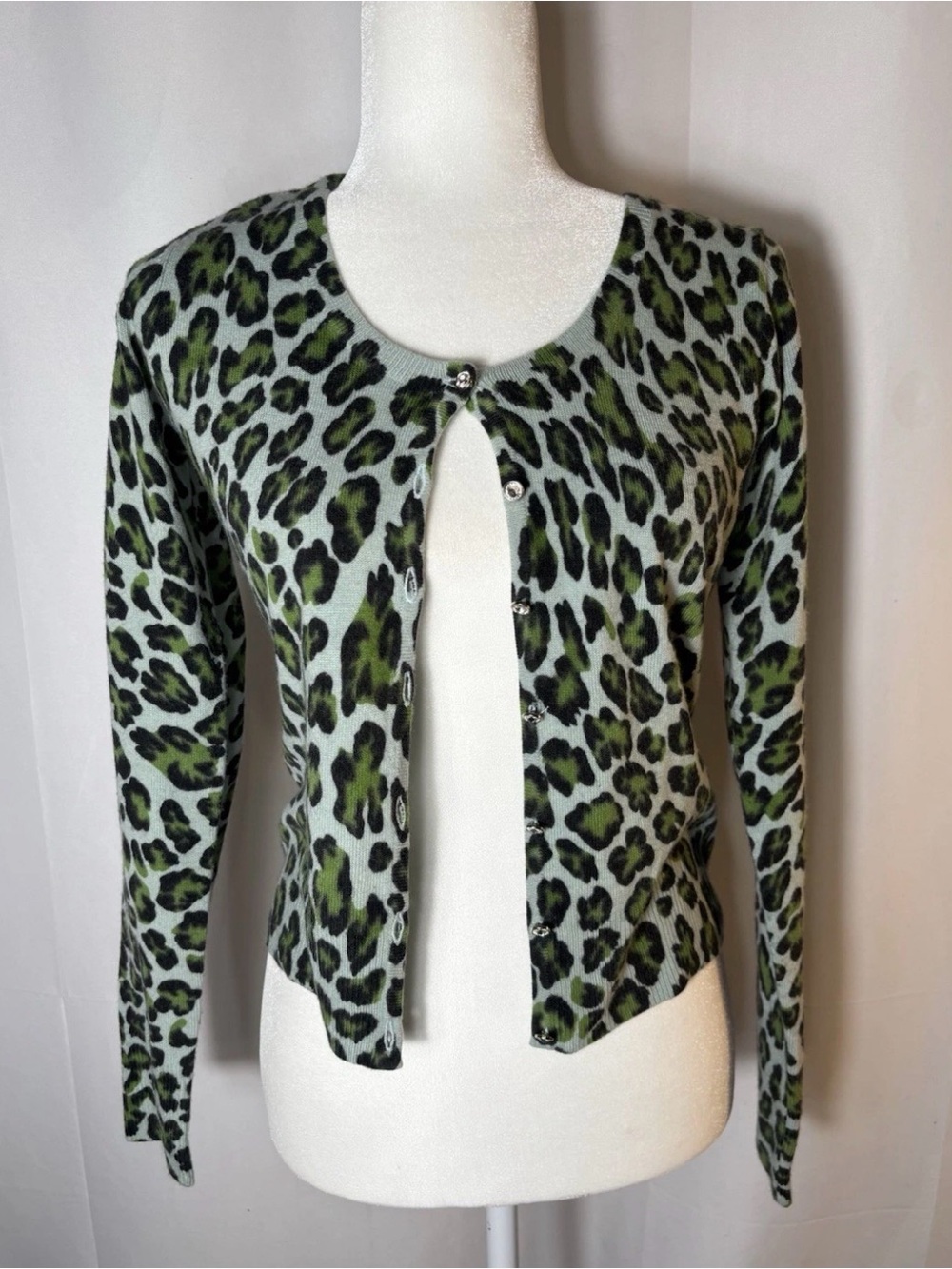 Vintage Betsey Johnson Green and Black Leopard Print Cardigan Sweater S